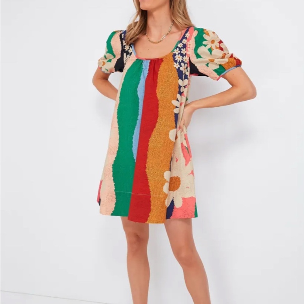 FARM Rio Green and Orange Puff Sleeve Sundress